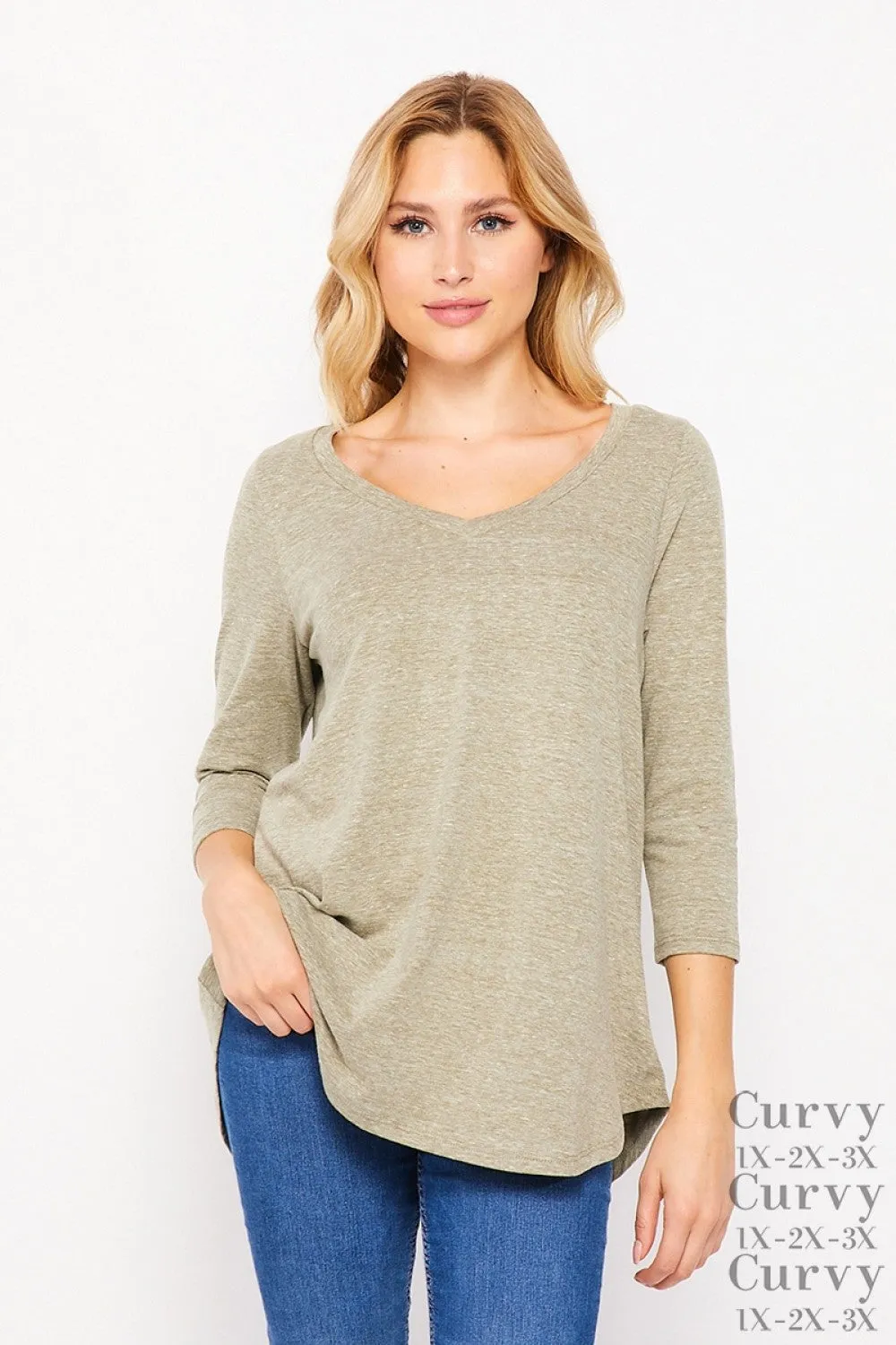 T10582TRK 3/4 Sleeve V-Neck Tunic with Round Hem