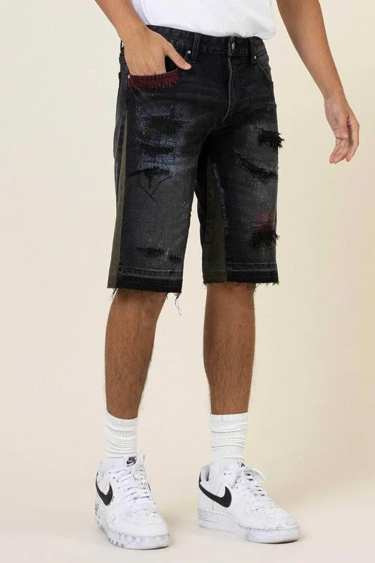 TEEK - Black Camo Paneled Released Hem Denim Shorts