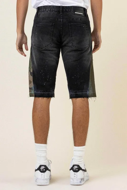 TEEK - Black Camo Paneled Released Hem Denim Shorts