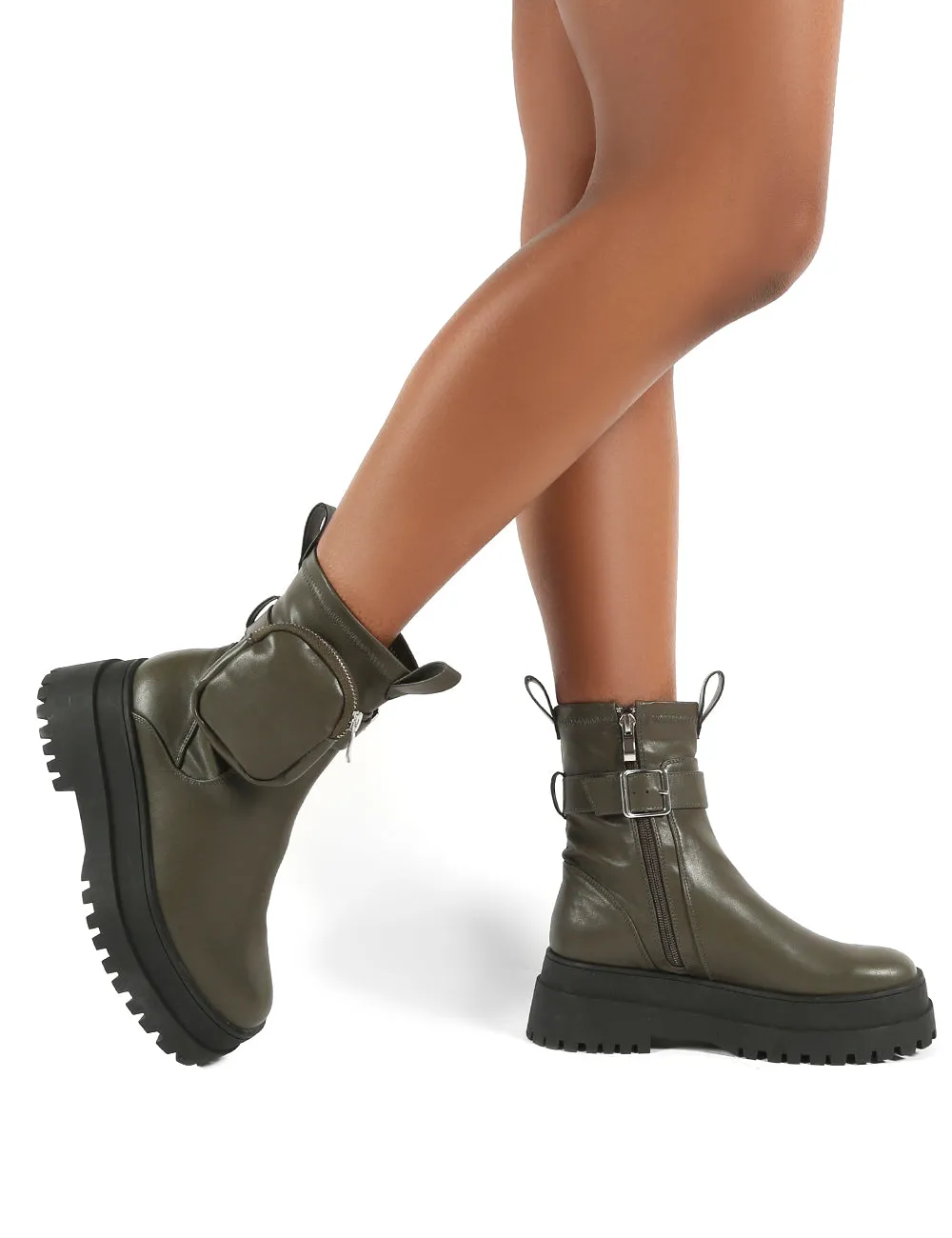 Thought Khaki Pu Wide Fit Pocket Chunky Sole Ankle Boot