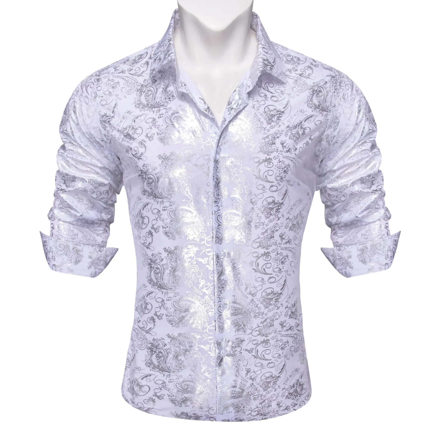 Ties2you Dress Shirt White Hot Stamping Floral Long Sleeve Button Up Shirts for Men Wedding