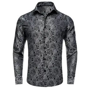 Ties2you Men's Shirt Black White Jacquard Floral Silk Shirt