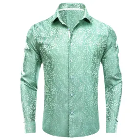 Ties2you Men's Shirt Mint Green Jacquard Floral Silk Button Down Shirt