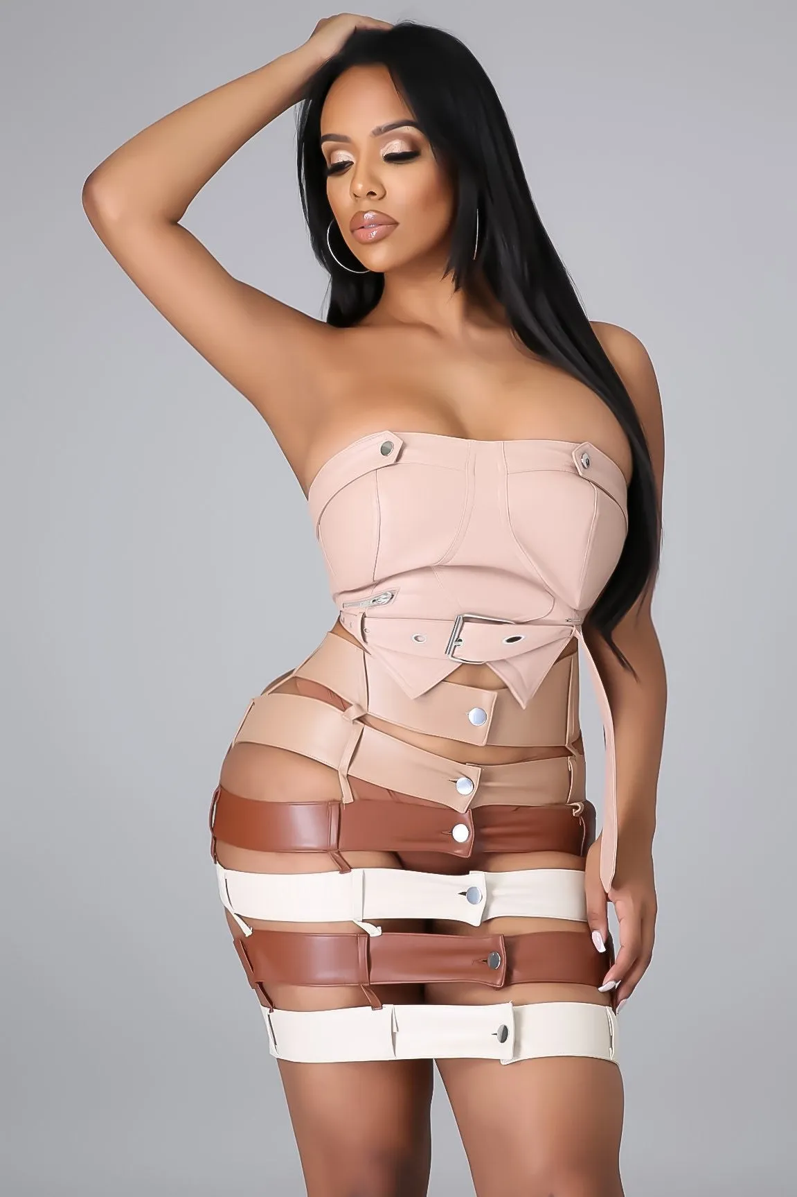 Track Star Faux Leather Multi Belted Mini Skirt