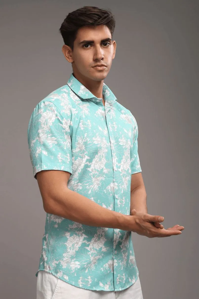 Turq. Green Printed shirt - Half - Wrinkle Free