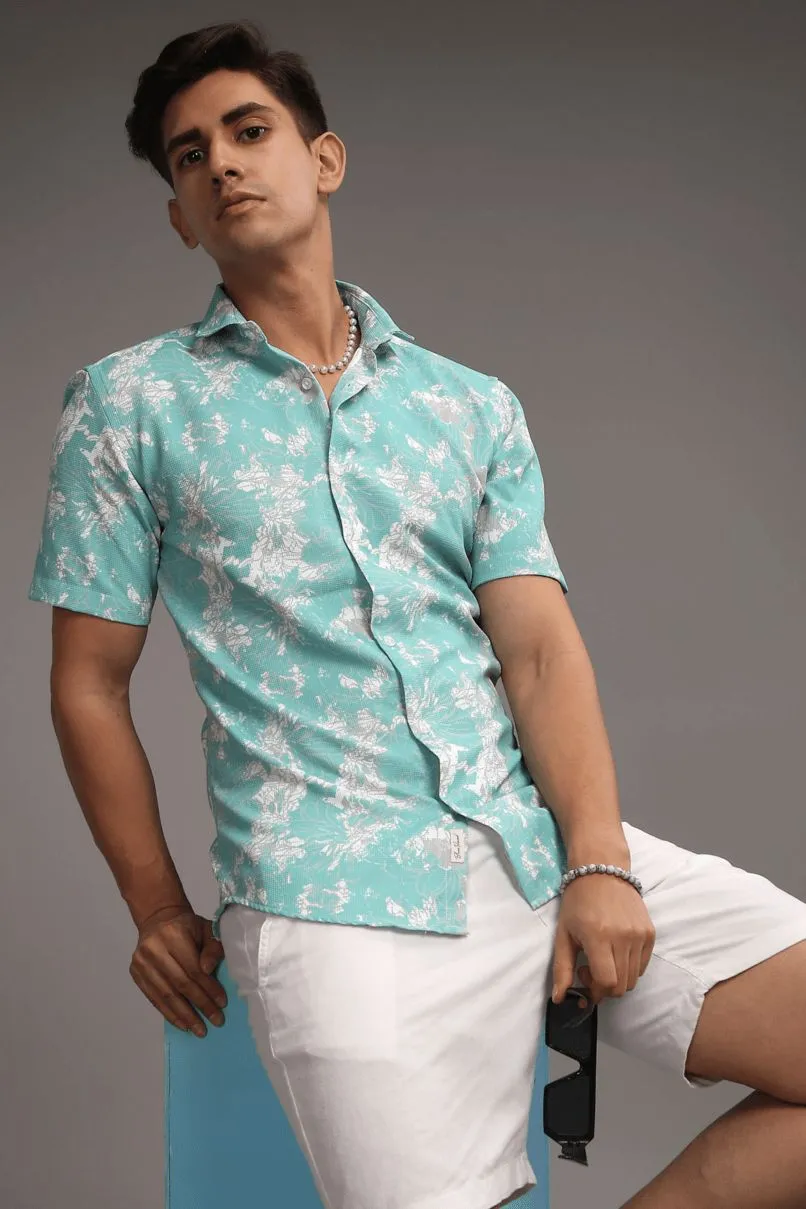 Turq. Green Printed shirt - Half - Wrinkle Free