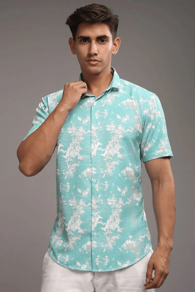 Turq. Green Printed shirt - Half - Wrinkle Free