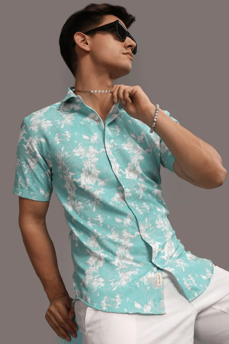 Turq. Green Printed shirt - Half - Wrinkle Free