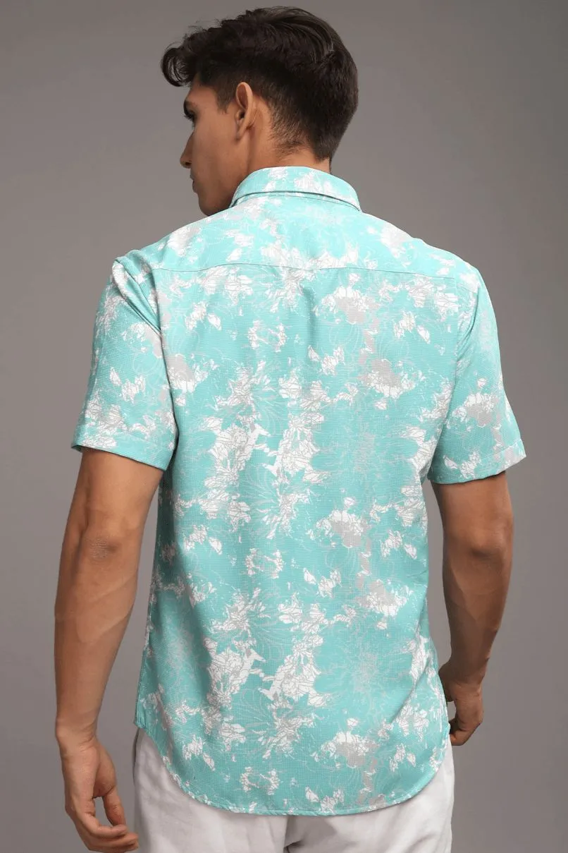 Turq. Green Printed shirt - Half - Wrinkle Free