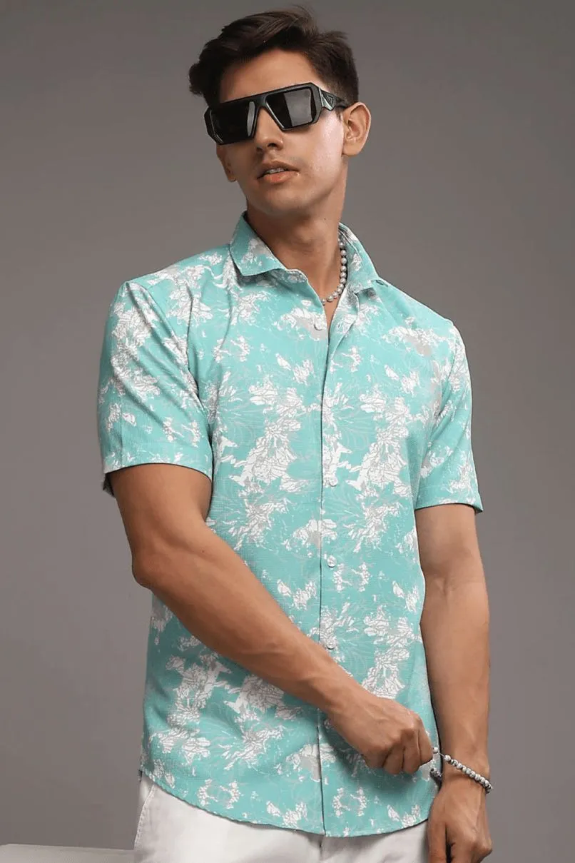 Turq. Green Printed shirt - Half - Wrinkle Free