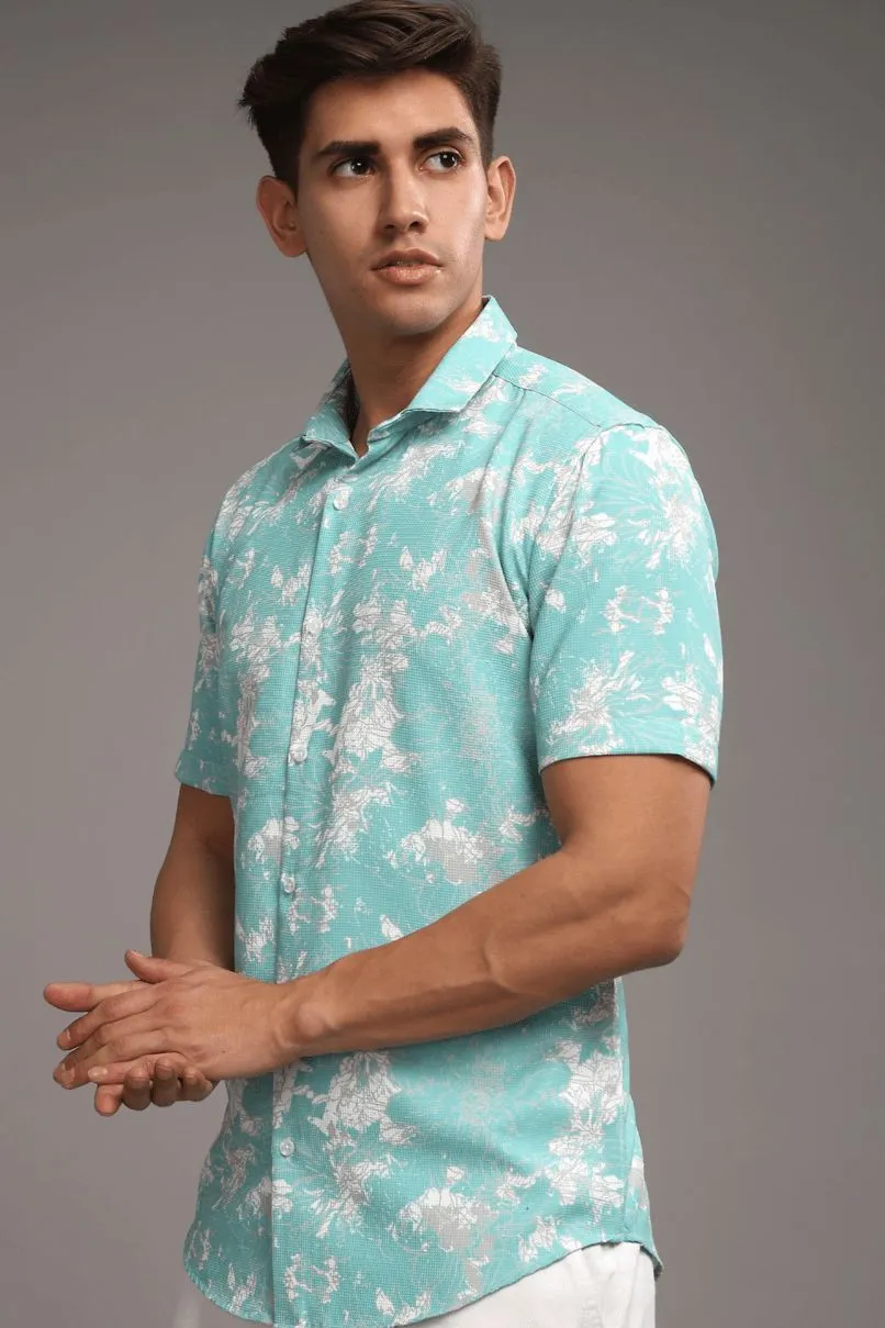 Turq. Green Printed shirt - Half - Wrinkle Free