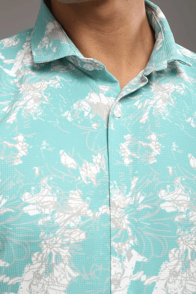 Turq. Green Printed shirt - Half - Wrinkle Free