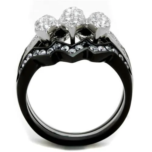 Two-Tone IP Black (Ion Plating) Stainless Steel Ring with AAA Grade CZ in Clear for Women Style TK1869