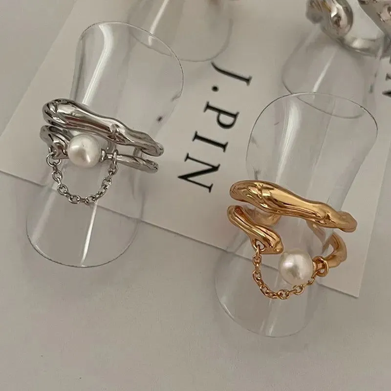 Unique Edgy Open Finger Pearl Rings