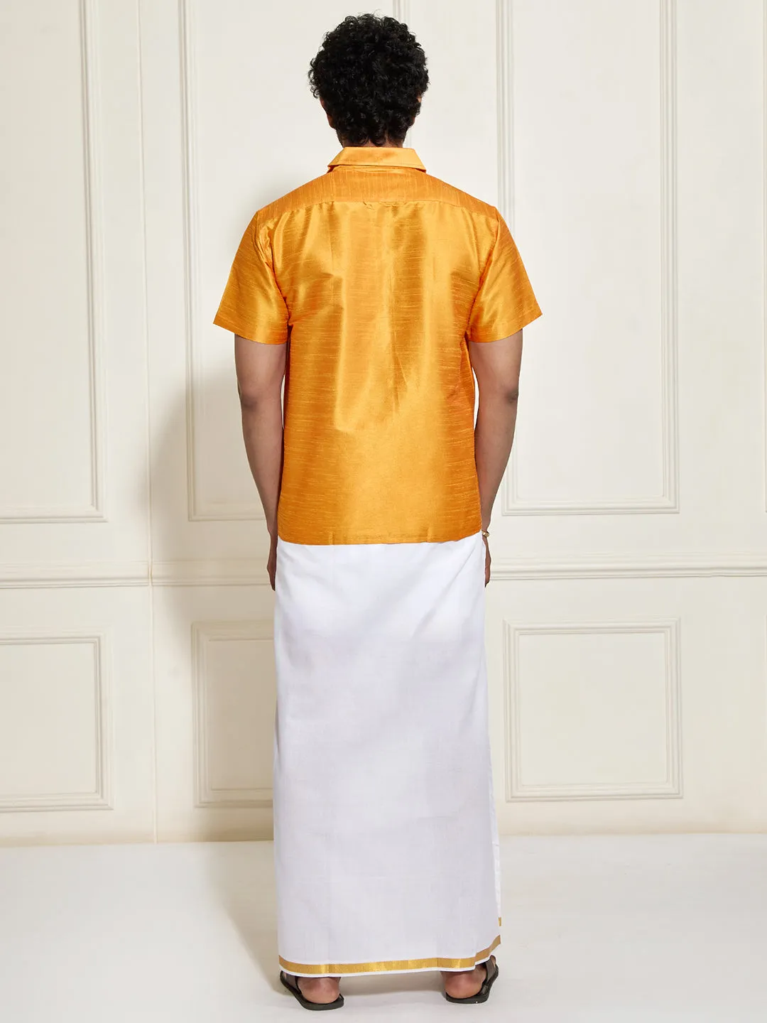 VASTRAMAY Men's Rose Gold Silk Blend Shirt And Mundu