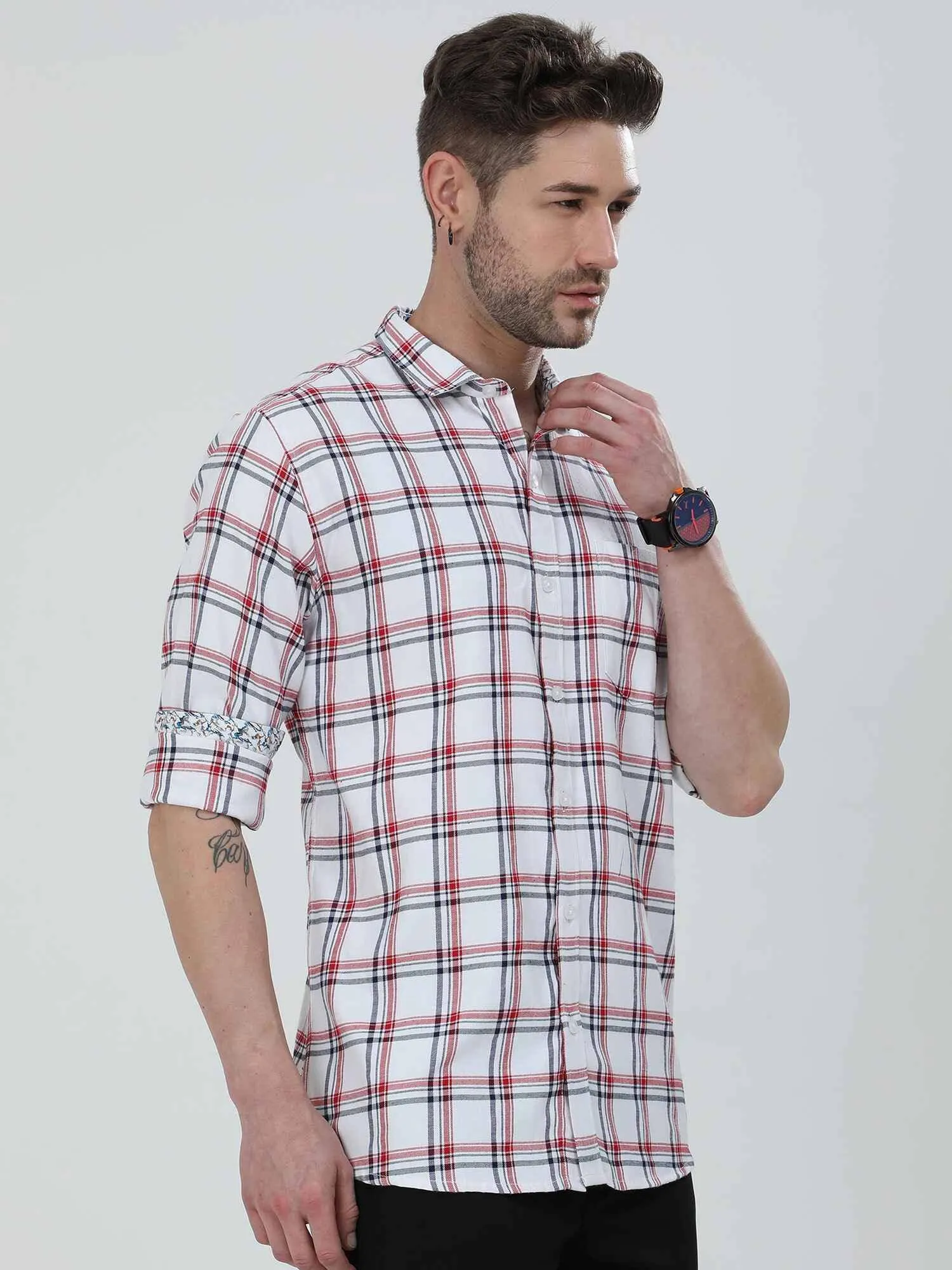 White and Red Checkered Cotton Shirt