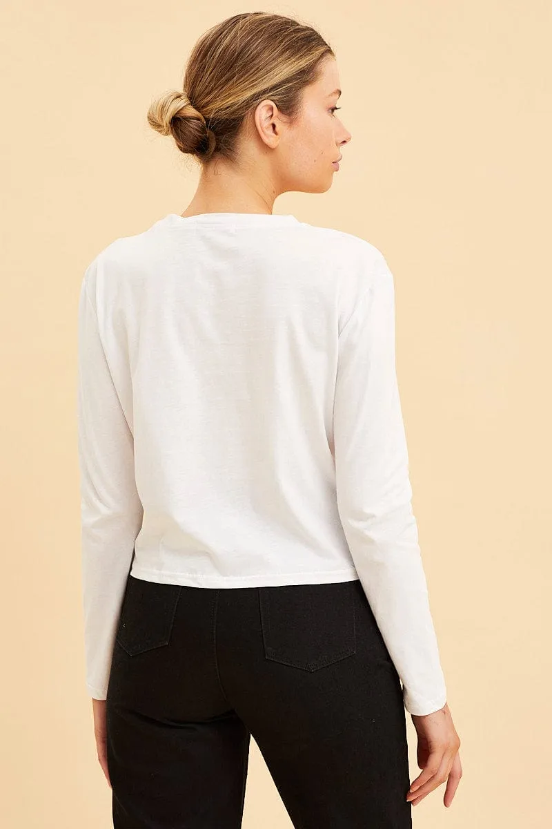 White Cropped T-Shirt Long Sleeve Crew Neck Cotton