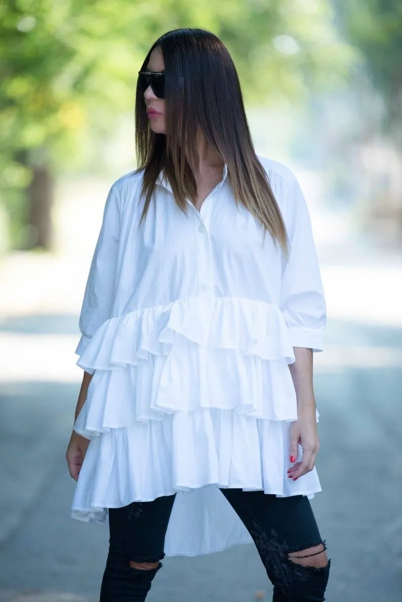 White Flounces Loose Summer Shirt NOOR