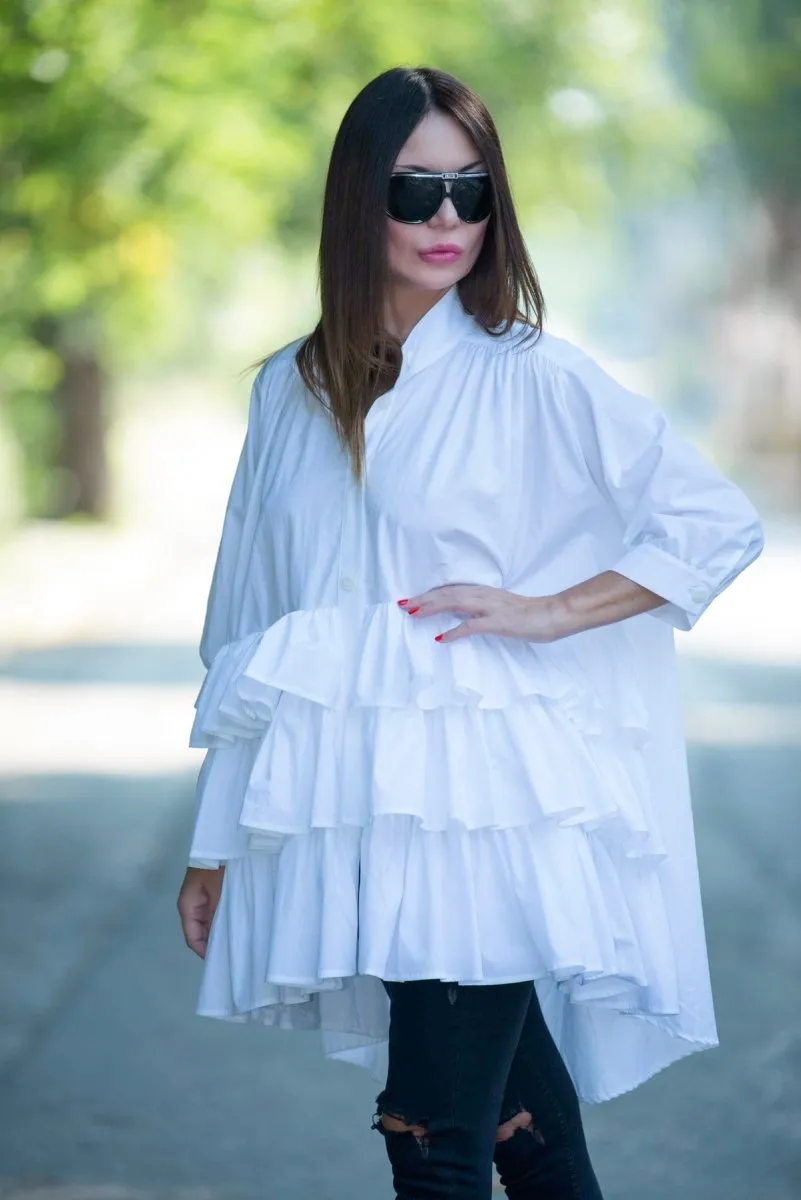 White Flounces Loose Summer Shirt NOOR