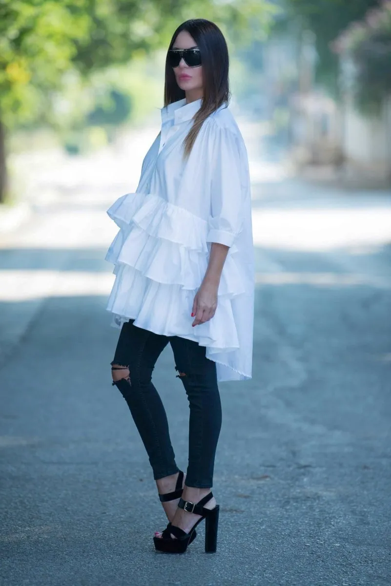 White Flounces Loose Summer Shirt NOOR