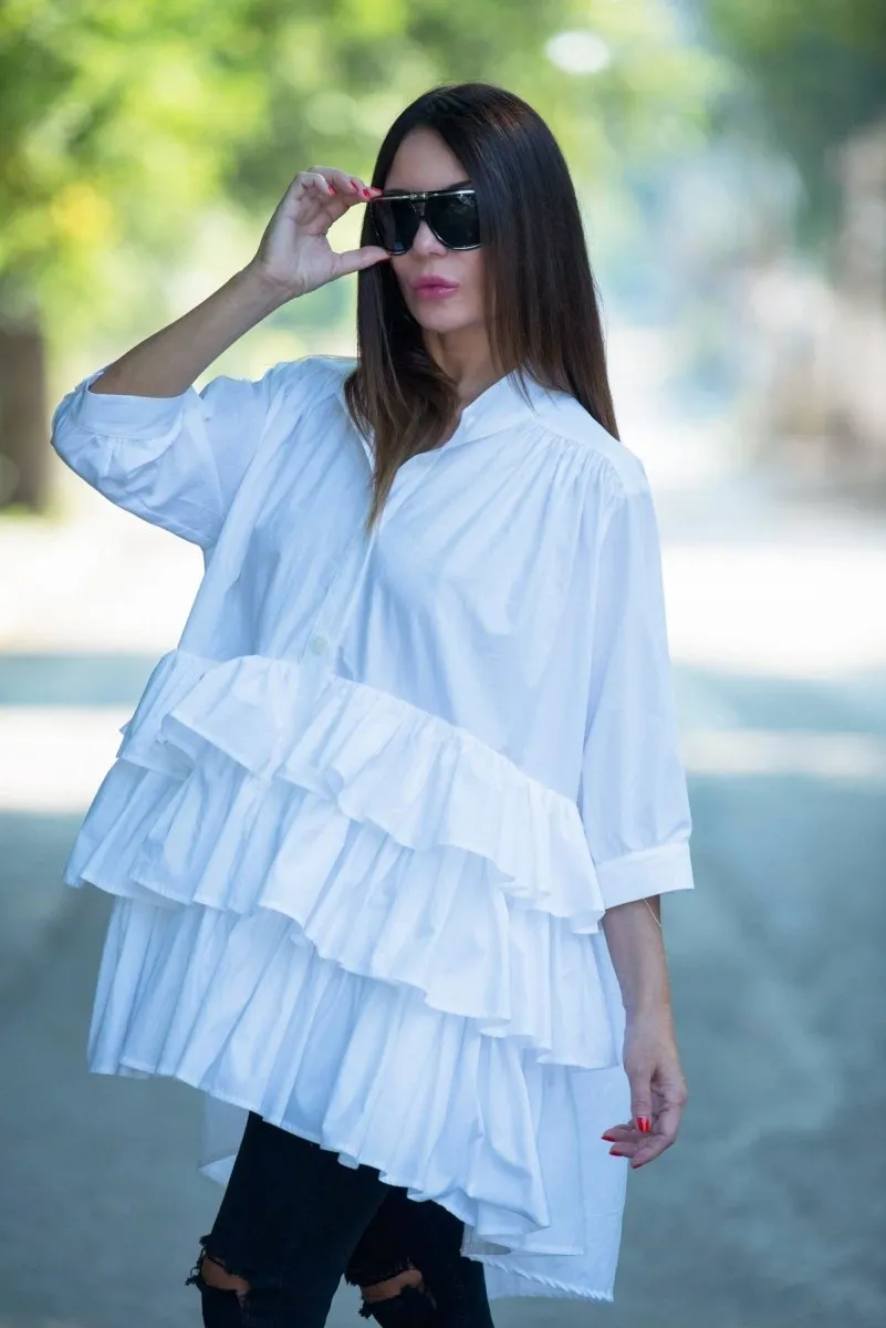 White Flounces Loose Summer Shirt NOOR