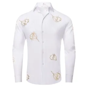 White Golden Floral Pattern Silk Men's Long Sleeve Shirt