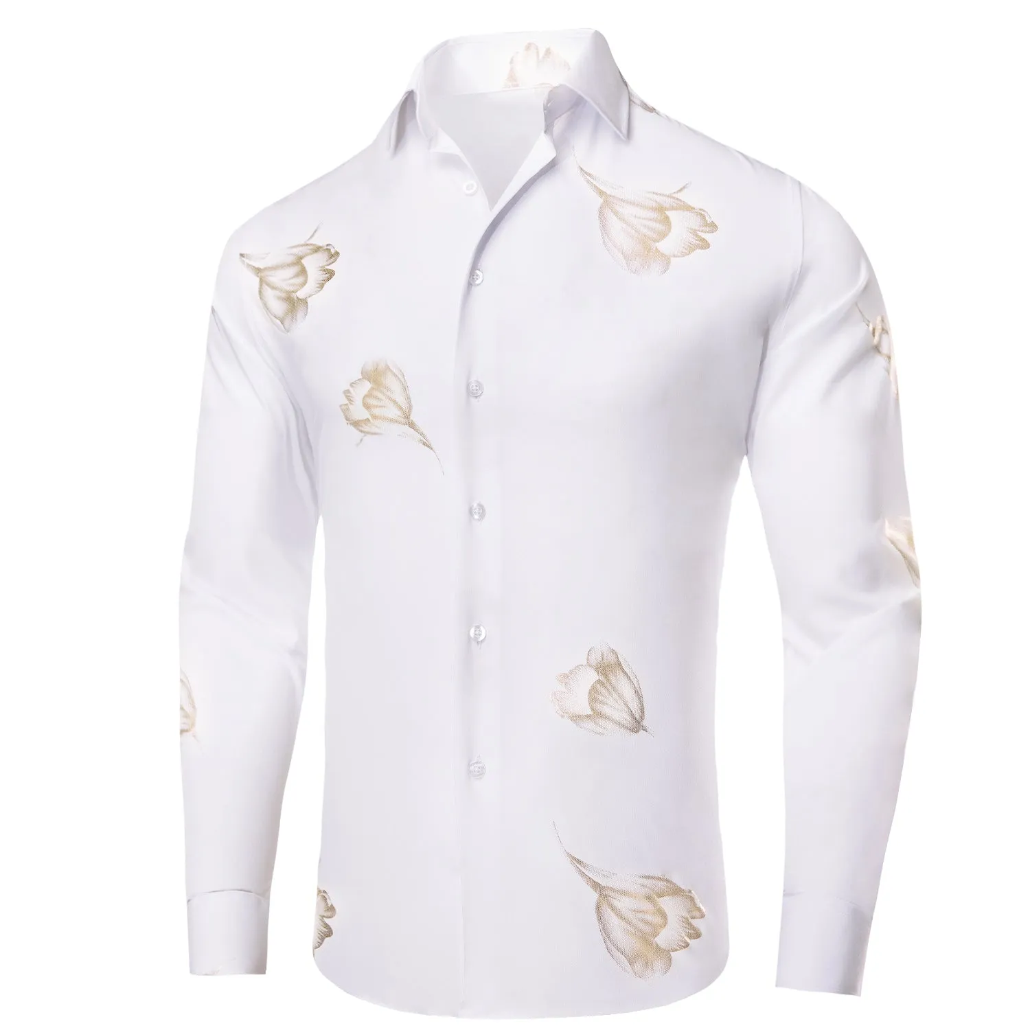 White Golden Floral Pattern Silk Men's Long Sleeve Shirt