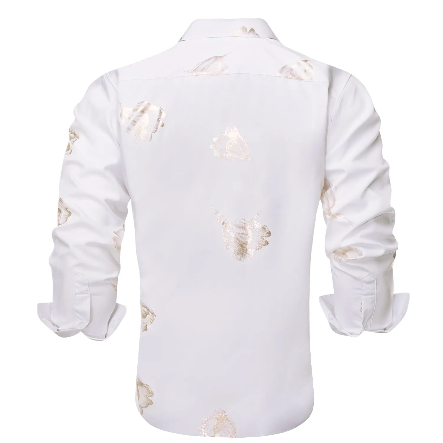 White Golden Floral Pattern Silk Men's Long Sleeve Shirt