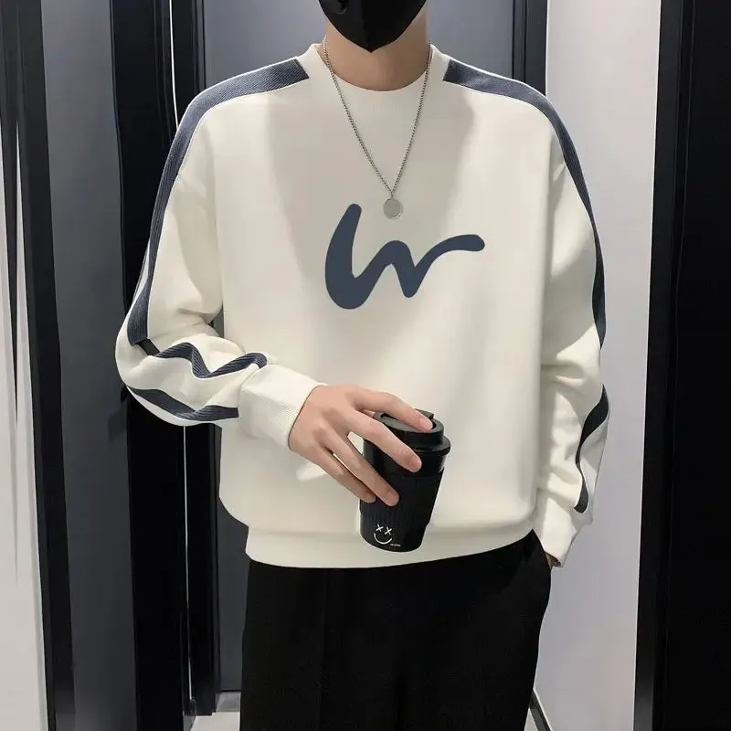 Wiaofellas  -  Fashion O-Neck Spliced Printed Loose Casual T-Shirt Men's Clothing Autumn Winter Oversized Korean Tops All-match Tee Shirt