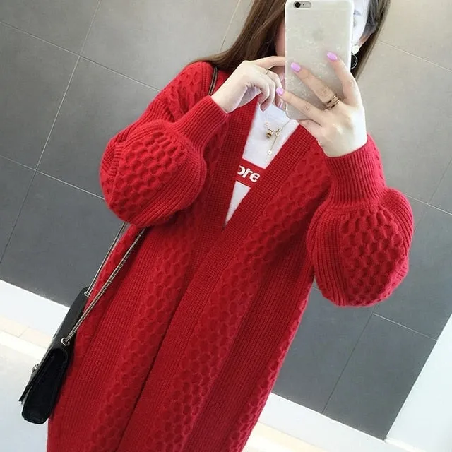 Winter lantern sleeve cardigan Long Sweater Women 2021 Lantern Sleeve Open Stitch Oversized Sweater Knit Coat