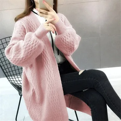 Winter lantern sleeve cardigan Long Sweater Women 2021 Lantern Sleeve Open Stitch Oversized Sweater Knit Coat