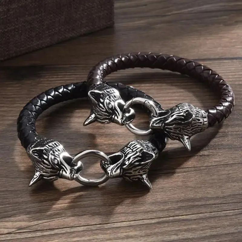 Wolf Head Leather Bracelet for Men Street Cool Fashion Jewelry Man Bracelet Gift