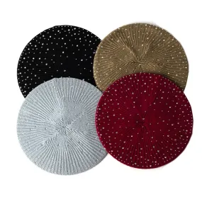 Women Autumn Winter Beret Hat Female Knitted Casual Rhinestone Cap