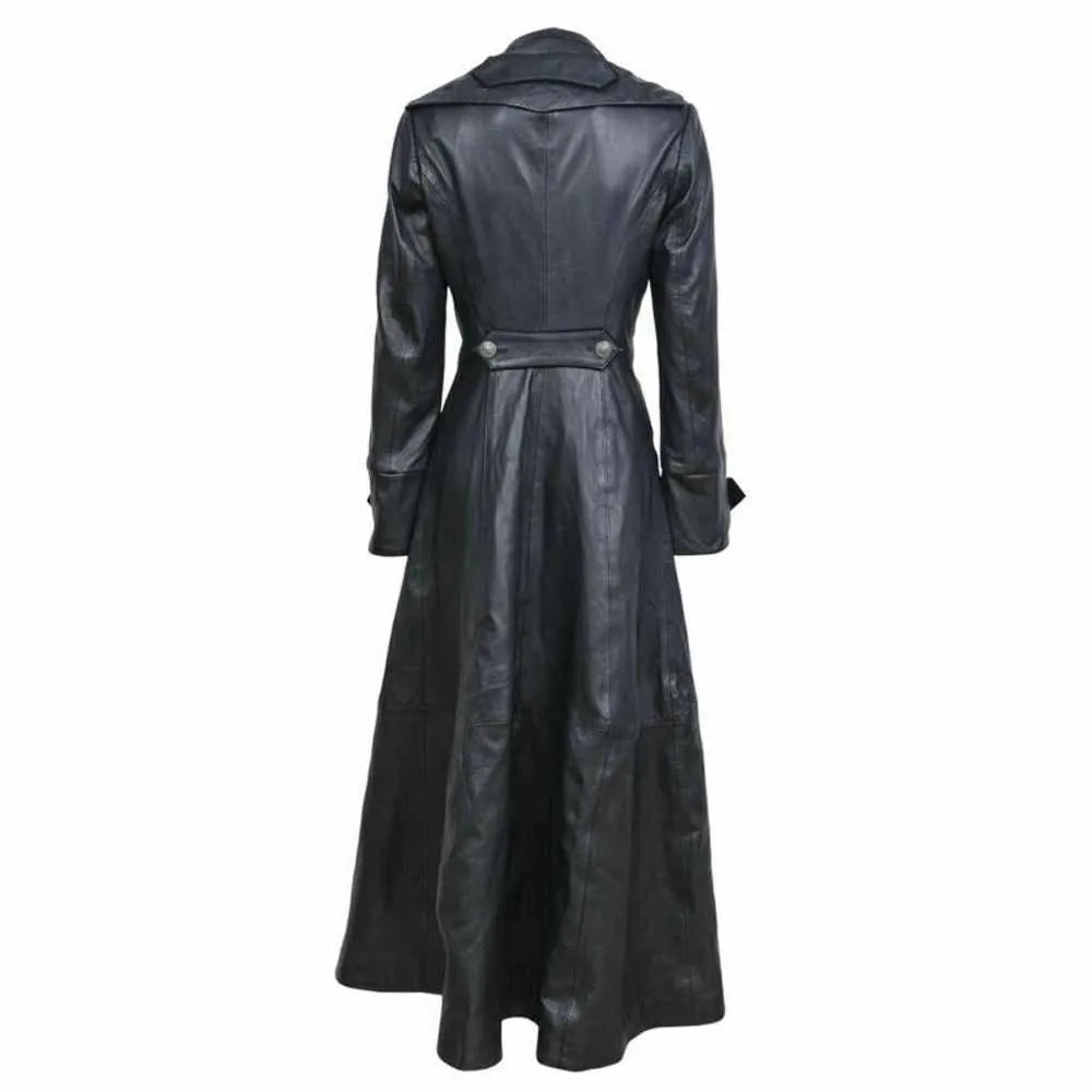 Women Black Leather Trench Military Long Coat