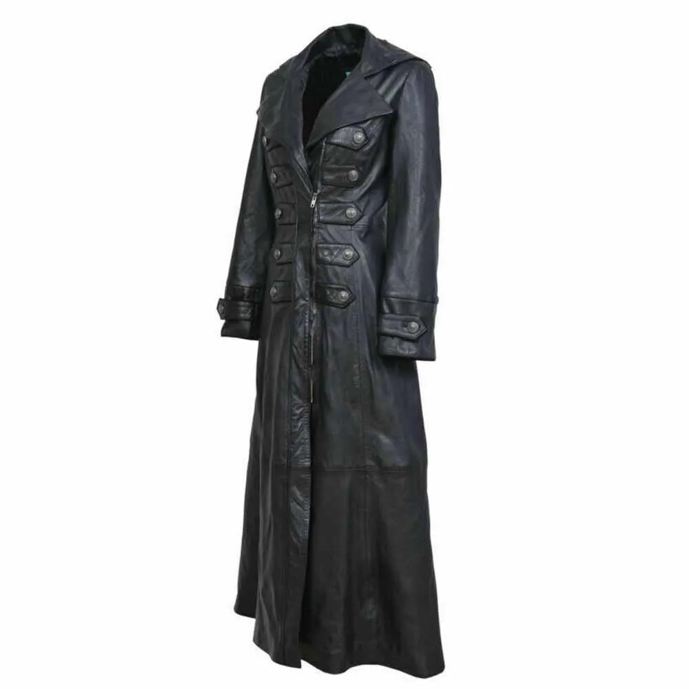 Women Black Leather Trench Military Long Coat