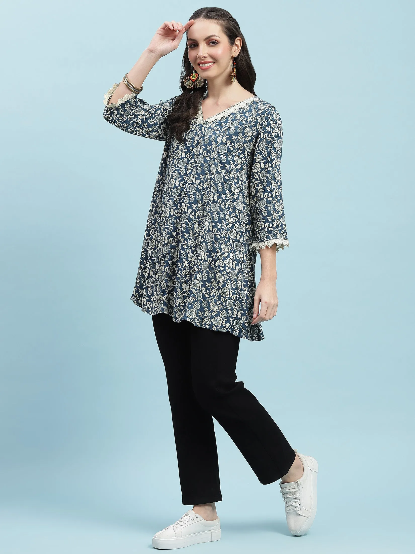 Women Blue V-Neck Printed Tunic