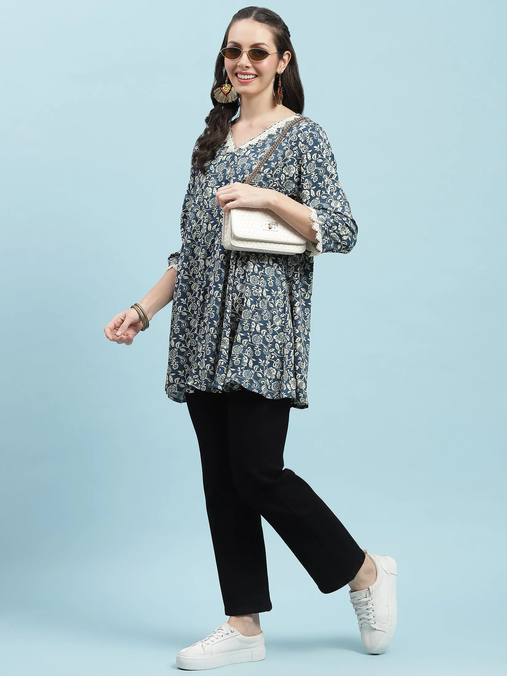 Women Blue V-Neck Printed Tunic