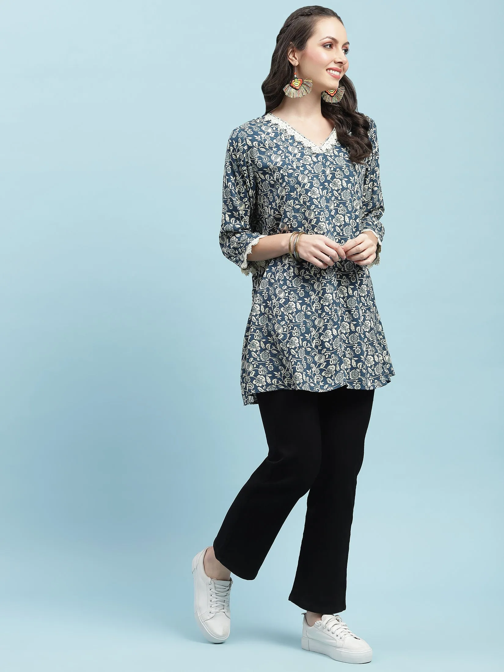 Women Blue V-Neck Printed Tunic