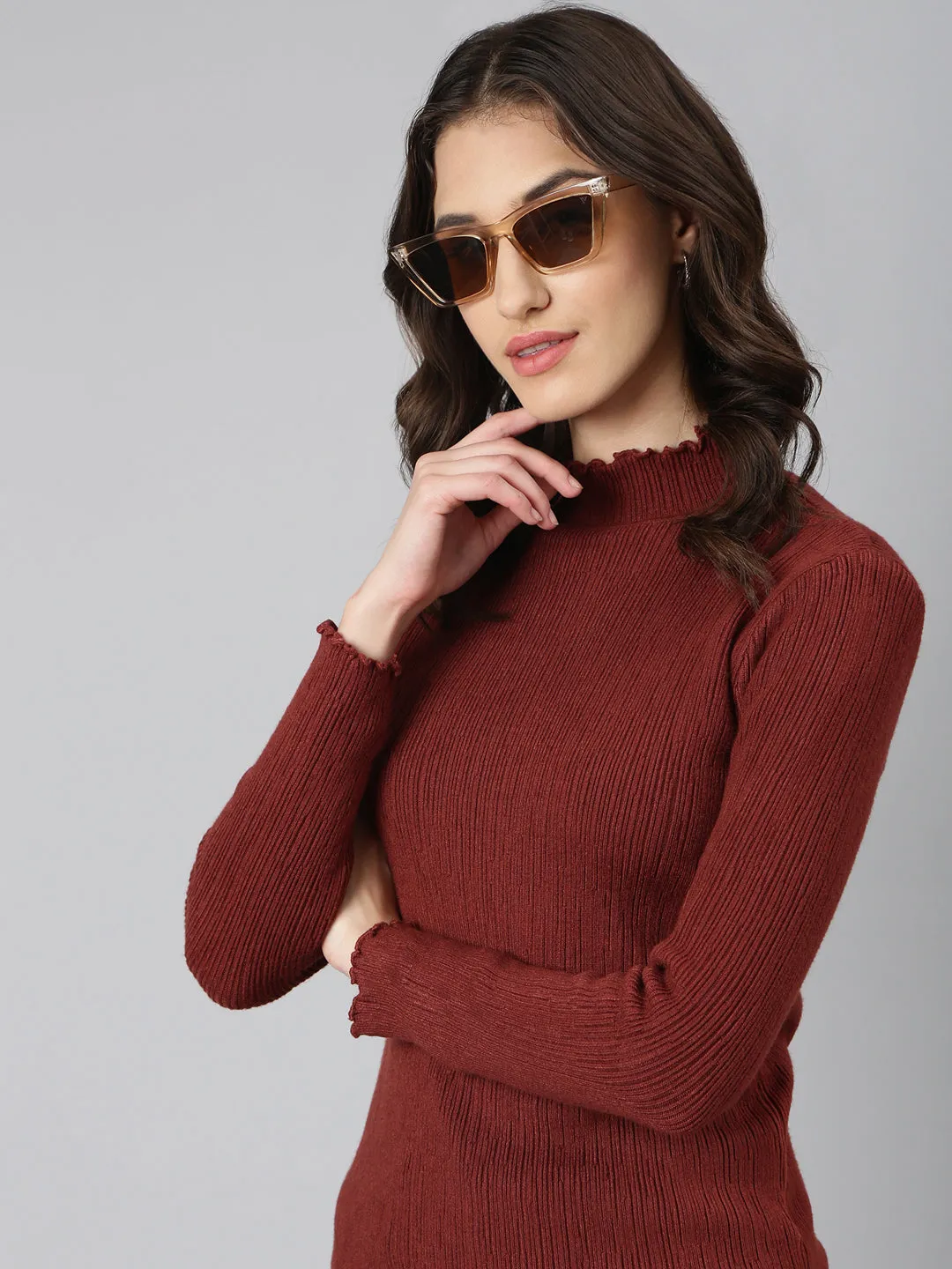 Women Brown Solid Pullover