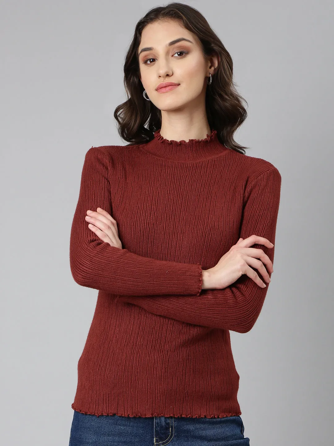 Women Brown Solid Pullover