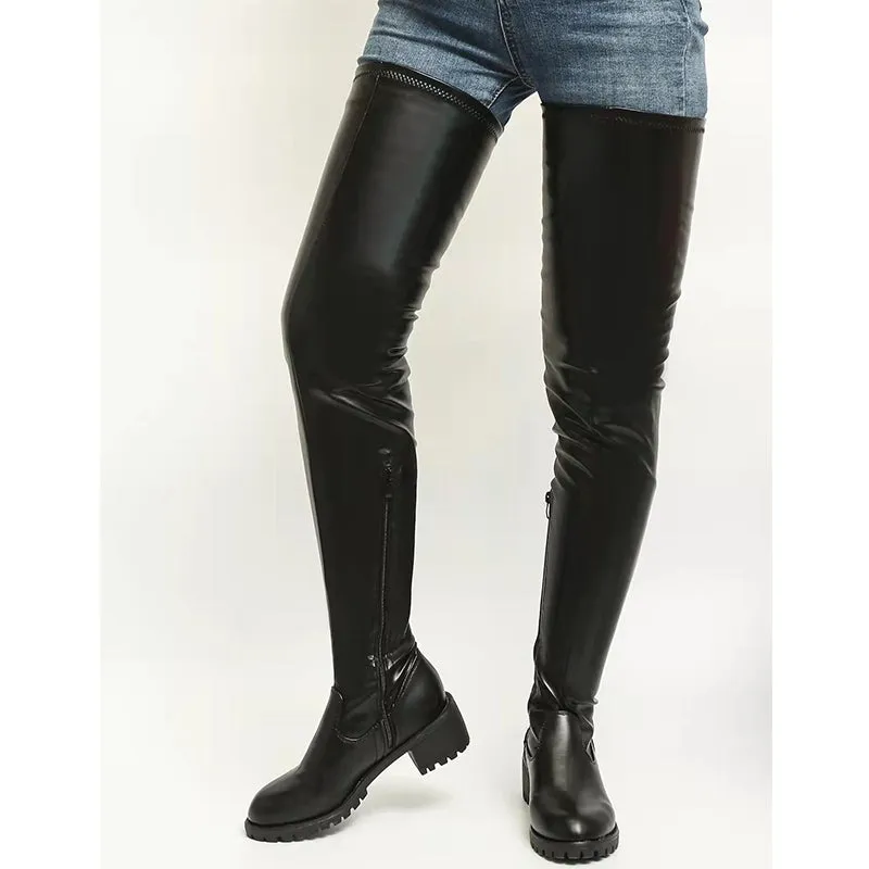 Women chunky heel thick sole solid color over the knee boots