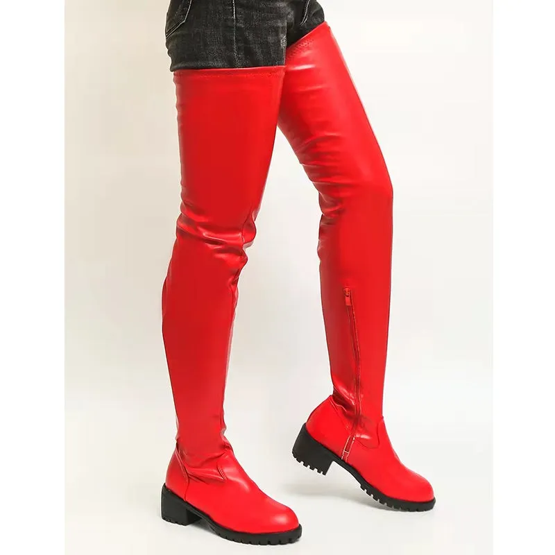 Women chunky heel thick sole solid color over the knee boots