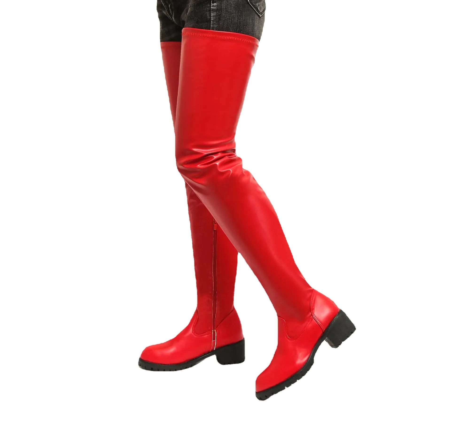 Women chunky heel thick sole solid color over the knee boots