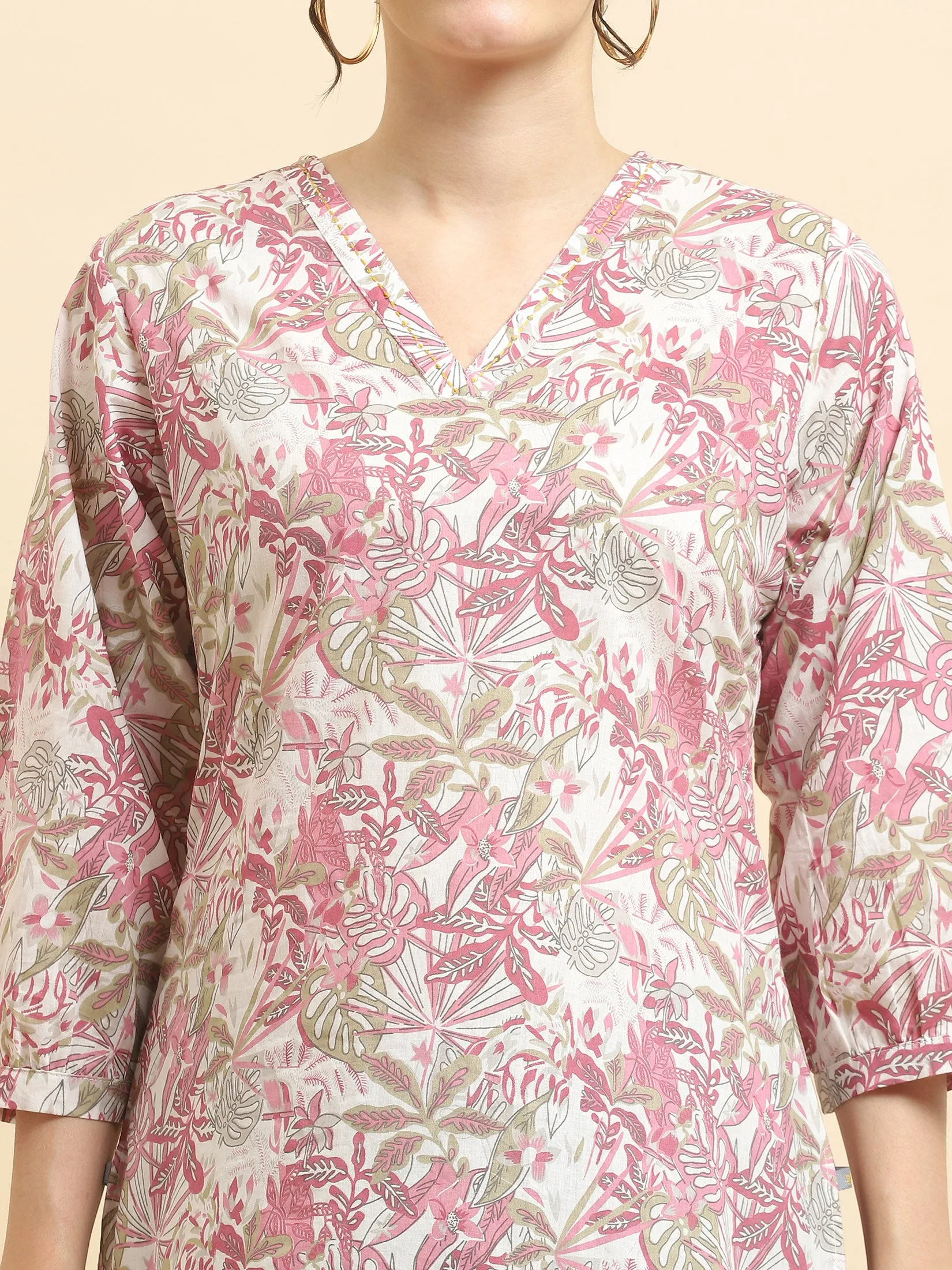 Women Cotton Mauve Tropical Print Tunic