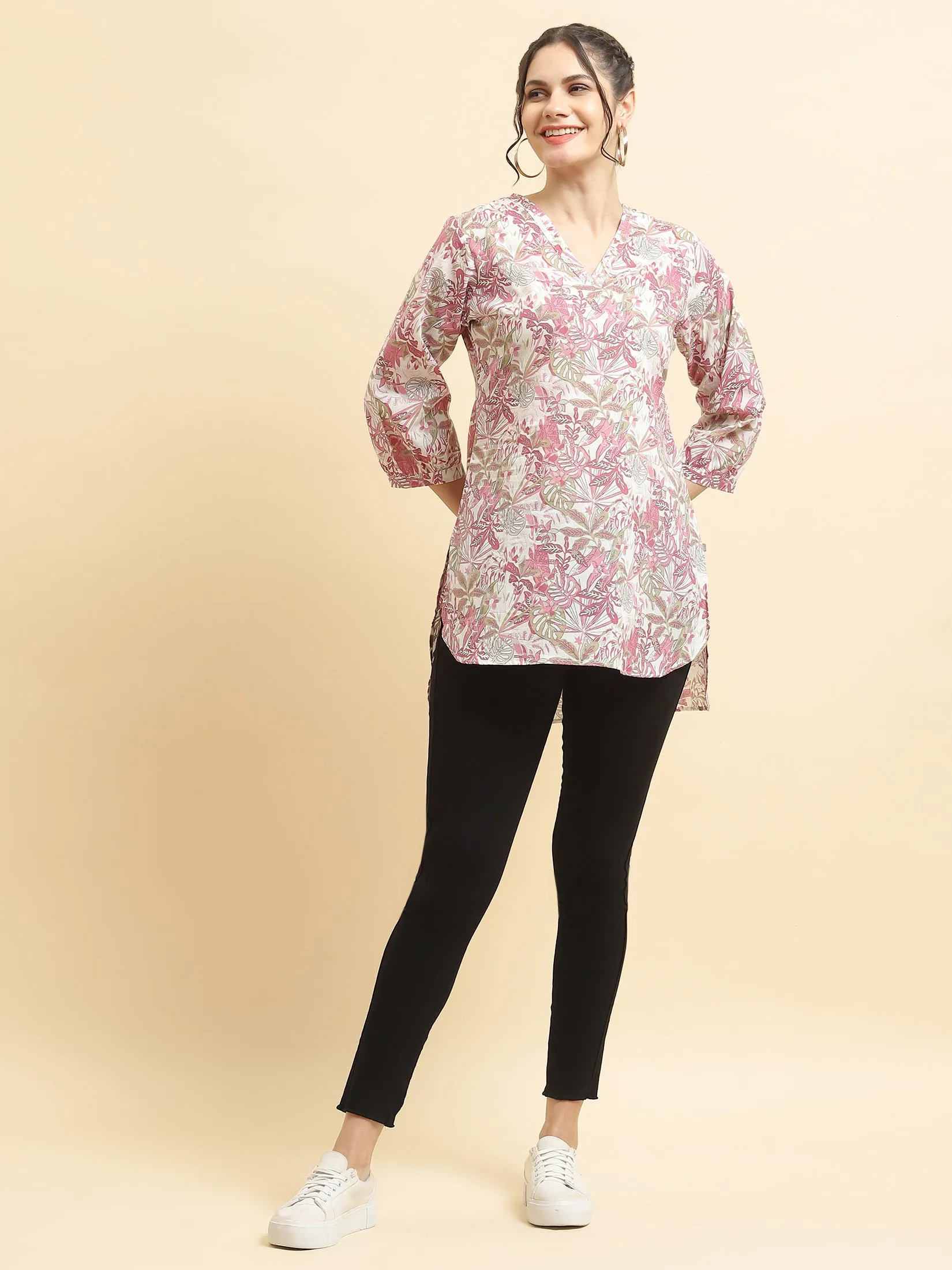 Women Cotton Mauve Tropical Print Tunic