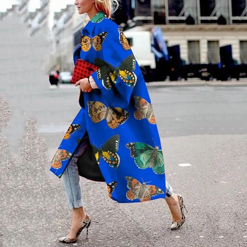 Women flower printed flare sleeve windbreaker winter fall long coat