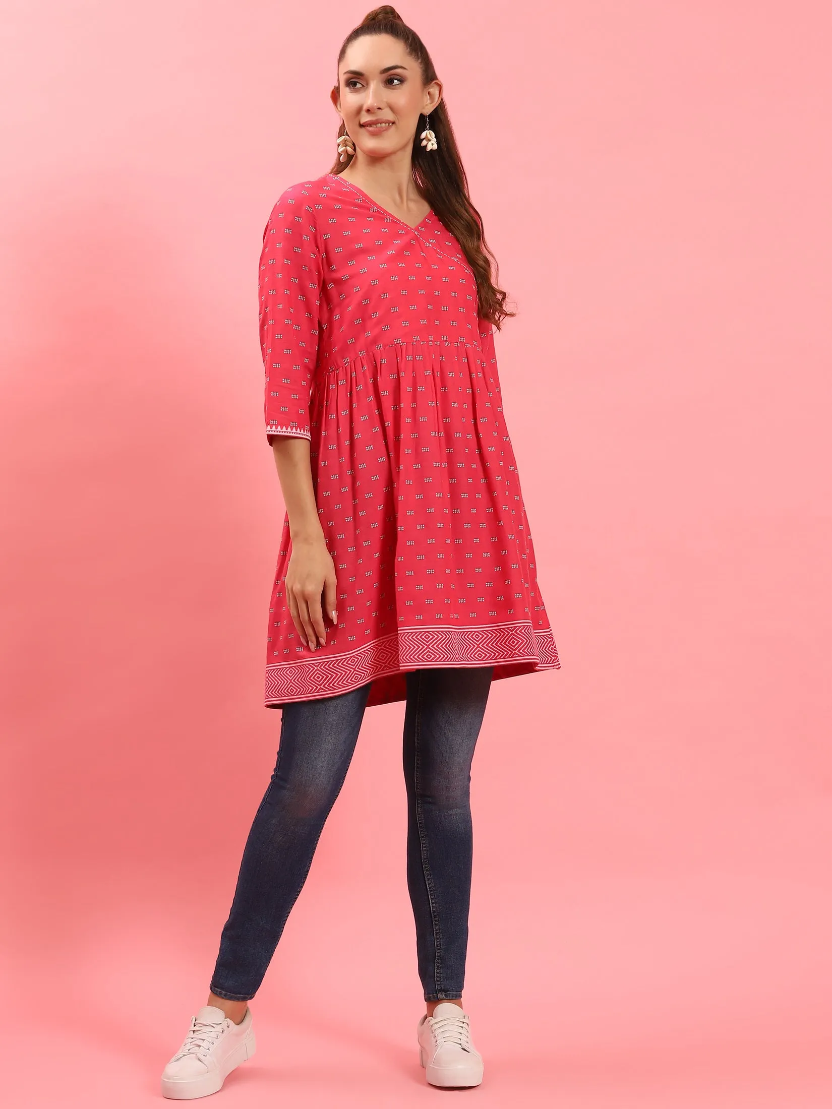 Women Fuchsia Fit And Flare Printed Tunic