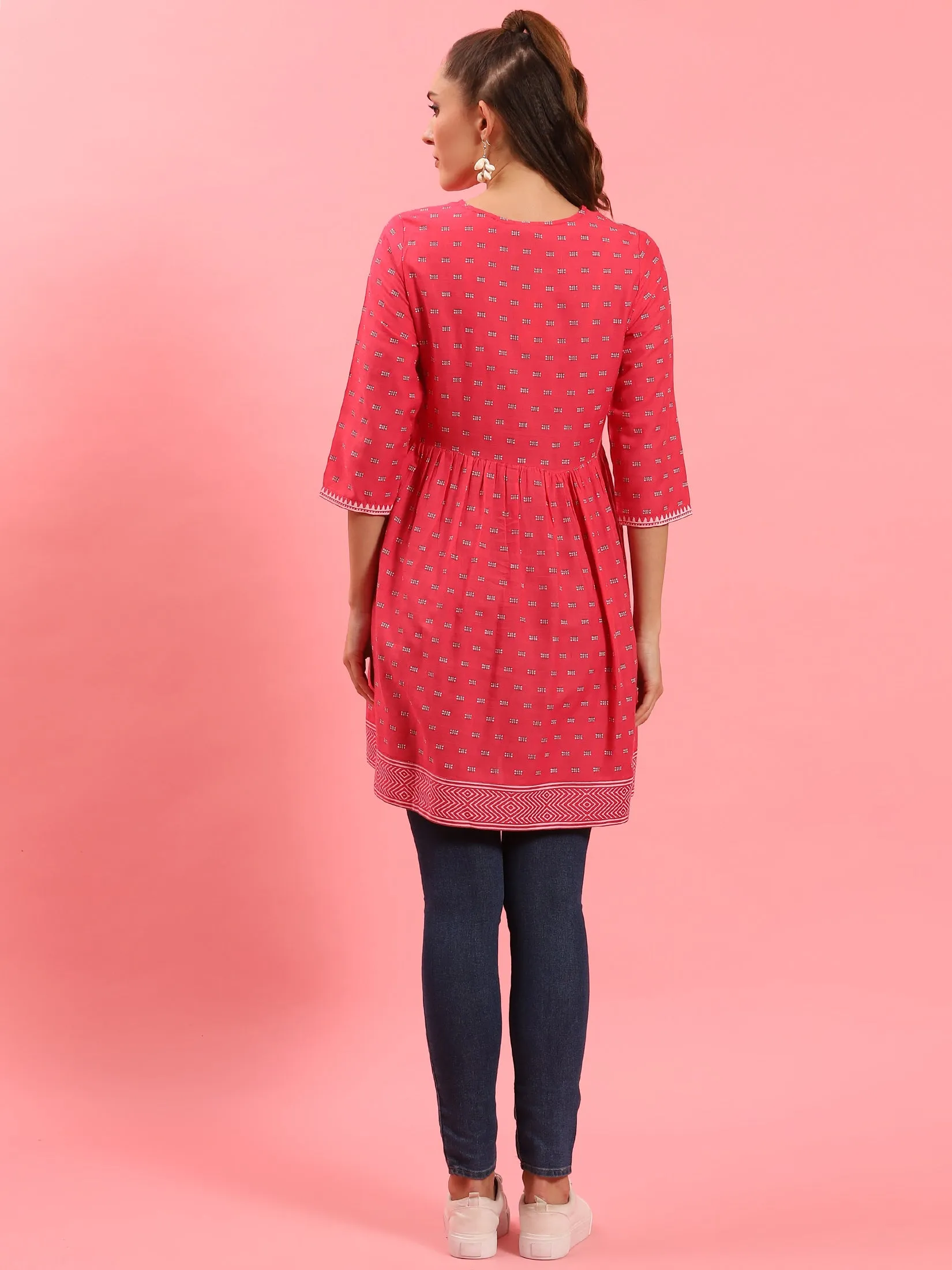 Women Fuchsia Fit And Flare Printed Tunic