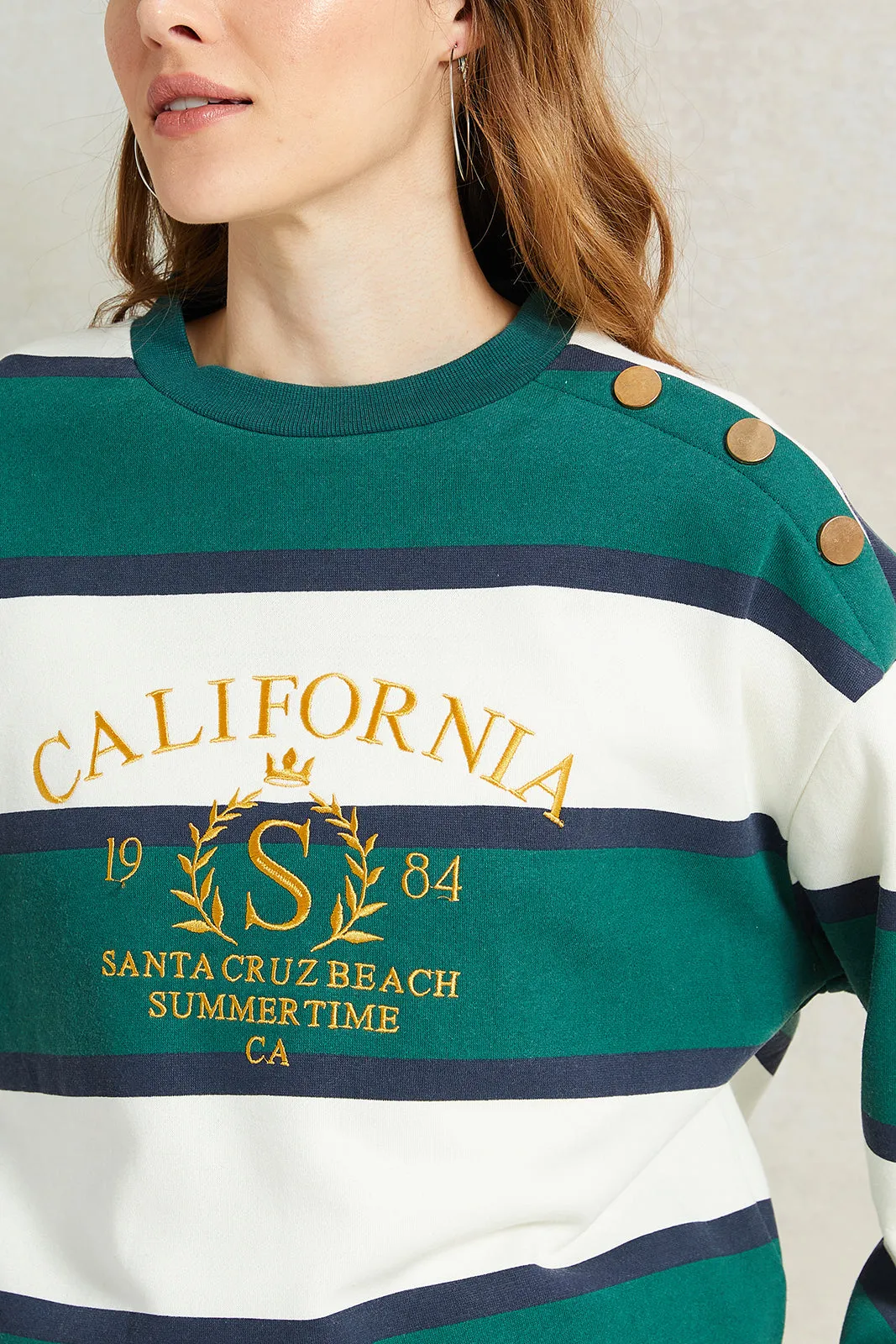 Women Green And White Striped Printed Sweatshirt