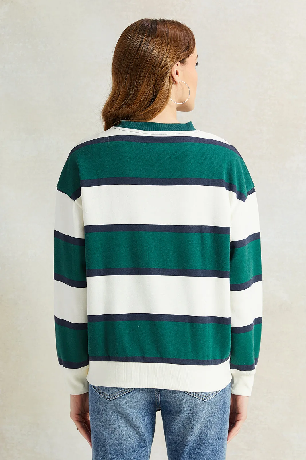 Women Green And White Striped Printed Sweatshirt